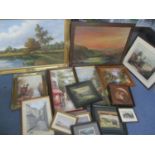 Mixed pictures to include a large oil on canvas depicting a landscape lake scene, 23 1/2" x 35",