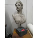 A composition bust of a classical dressed maiden on marble base