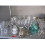 Mixed domestic glass to include a decanter and a Galway cut glass cornocopia and a Maltese green