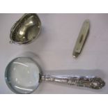 Silver and collectables to include a magnifying glass, a fruit penknife, a tea strainer