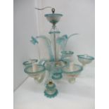 An Italian traditional style, five branch chandelier, probably Salviati, in clear and light blue