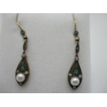A pair of gold and silver pendant earrings set with emeralds, pearls and diamonds, boxed