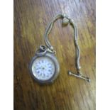 A continental ladies silver cased fob watch on chain