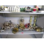 A mixed lot to include a German Klein anniversary clock, pair of brass The Diamond candlesticks,