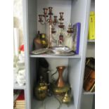 A selection of brass, silver plate and other metalware to include candleabras, tureen, coal bucket
