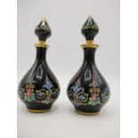 Ludwing Moser & Sons, Bohemia - two black glass and floral enamelled perfume bottles and stoppers, 5