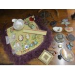 A selection of trinkets, costume jewellery to include white metal tins, a miniature Spode jug and