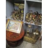 Brassware to include fire irons, hearth related items, a tray, along with an atlas table, a tray,