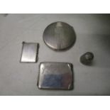 An Art Deco silver compact, a stamp holder, match holder and thimble