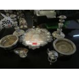 A group of Sheffield plated items to include a pair of telescopic candlesticks and an engraved