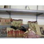 Modern tapestry, needlepoint and similar scatter cushions, together with a cloth doll and an