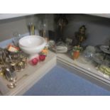 A mixed lot to include silver plated items, brass candlestick lamps, Stuart glassware and other