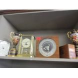 Clocks, a brass compass boxed and a pair of late 19th century Austrian style vases A/F