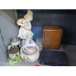 A mixed lot to include a smokers cabinet, a large resin figural group, silver plate, Widdicombe Fair