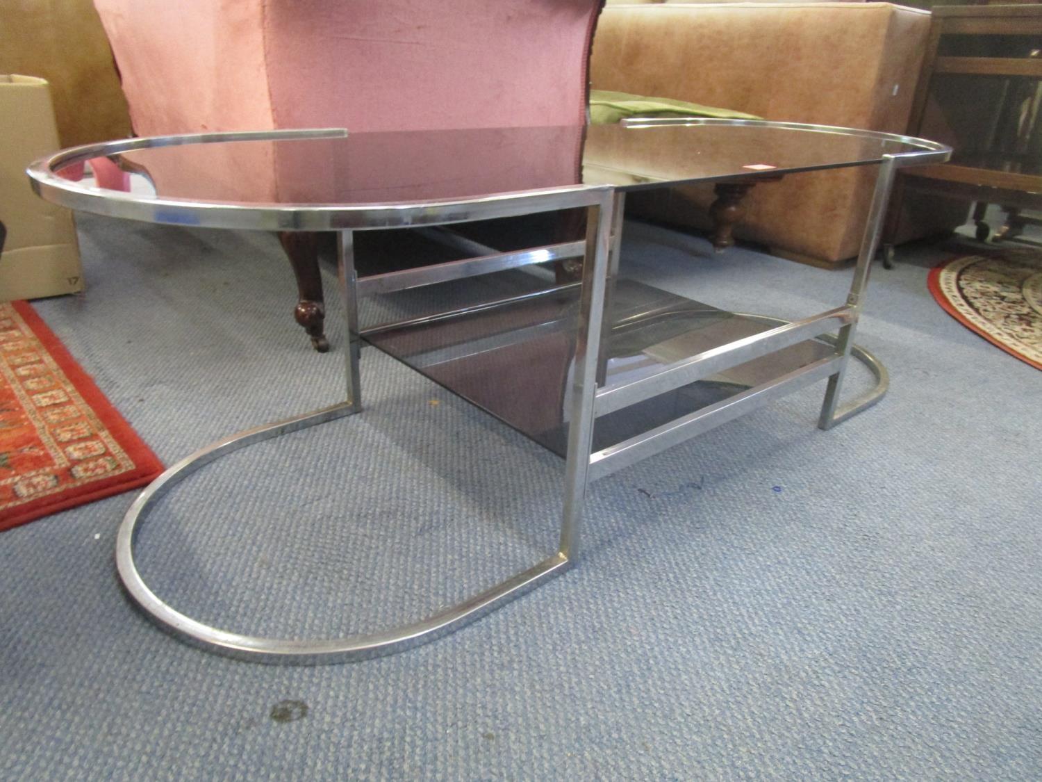 Circa 1970 metal and smoked glass two tier coffee table 15 6/8" x 51 7/8" x 18 7/8" - Image 2 of 2