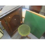 A Georgian oak corner cabinet, together with a folding card table and a Victorian piano stool