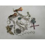 A selection of costume jewellery to include a silver and enamelled pendant cross on chain, Victorian