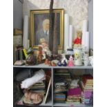 A large miscellaneous lot to include books, records, pictures, gents clothing, part teasets,