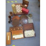 Modern games related treen to include a box which opens into a games board, marble solitaire stands,