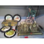 A mixed lot to include a brass desk inkstand pot lids, Capodimonte figure and a tin box