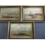 J G Wheeler - three river scenes with boats, oil on board