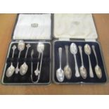 Silver teaspoons four with flower terminals and matching sugar tongs