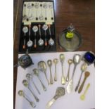 Silver and silver plate to include a silver tea caddy spoon, an Edwardian babies rattle, cutlery and