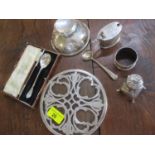 A small quantity of silver items to include a teapot stand and a mustard pot and an inkwell