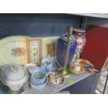 A mixed lot to include a large Japanese Mari vase, octagonal Clarice Cliff plate, barley twist brass