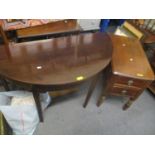 A late Georgian mahogany demi lune table, together with a two drawer inset table on turned legs