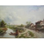 Roberto Scalvini - Oil on canvas depicting a river with buildings and figures, 23 1/2" x 35 1/2",