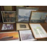 Mixed 20th century prints to include an Adrian Rigby print of Titanics Last Sunset and a Sean