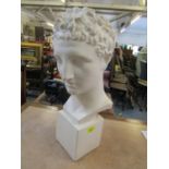A plaster bust of a male's head on a square plinth base, 22 1/2"h