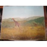 Bernard Gar? - an African scene of two giraffes in an African landscape with hills to the