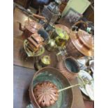 A copper kettle, a copper warming pan and mixed metalware