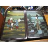 A pair of Chinese reverse paintings on glass depicting figures in courtyard and river scenes, 20"