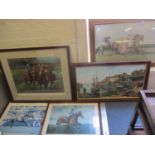 Mixed pictures to include signed racing prints and W H Stockman - Oil on canvas depicting moored