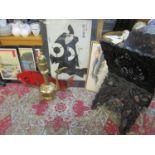 A mixed lot to include a carved Asian wooden folding stand, Japanese prints, Indian brass jug and