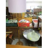 A mixed lot to include a retro standard lamp with shade, a green enamelled light shade, retro