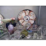 Glassware and ceramics to include three Japanese Imari plates, paperweights, model animals and other