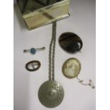 A Jorgen Jensen pewter pendant on chain, a silver and agate brooch, a Victorian camera brooch Hebe