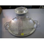A Christofle twin handled tray with engraved decoration and an EPNS cake basket