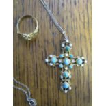 A silver gilt Renaissance style cross set with turquoise and pearls, on a later silver chain