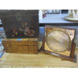 An Oriental lacquered box A/F, an inlaid walnut writing slope, and a 1951 Smiths presentation mantel