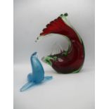 Italian glass animals - a red sommerso, green tinted and clear glass model of a fish, possibly
