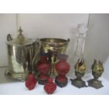A mixed lot to include oriental cinnabar vases, ships decanter, silver plated biscuit jar and