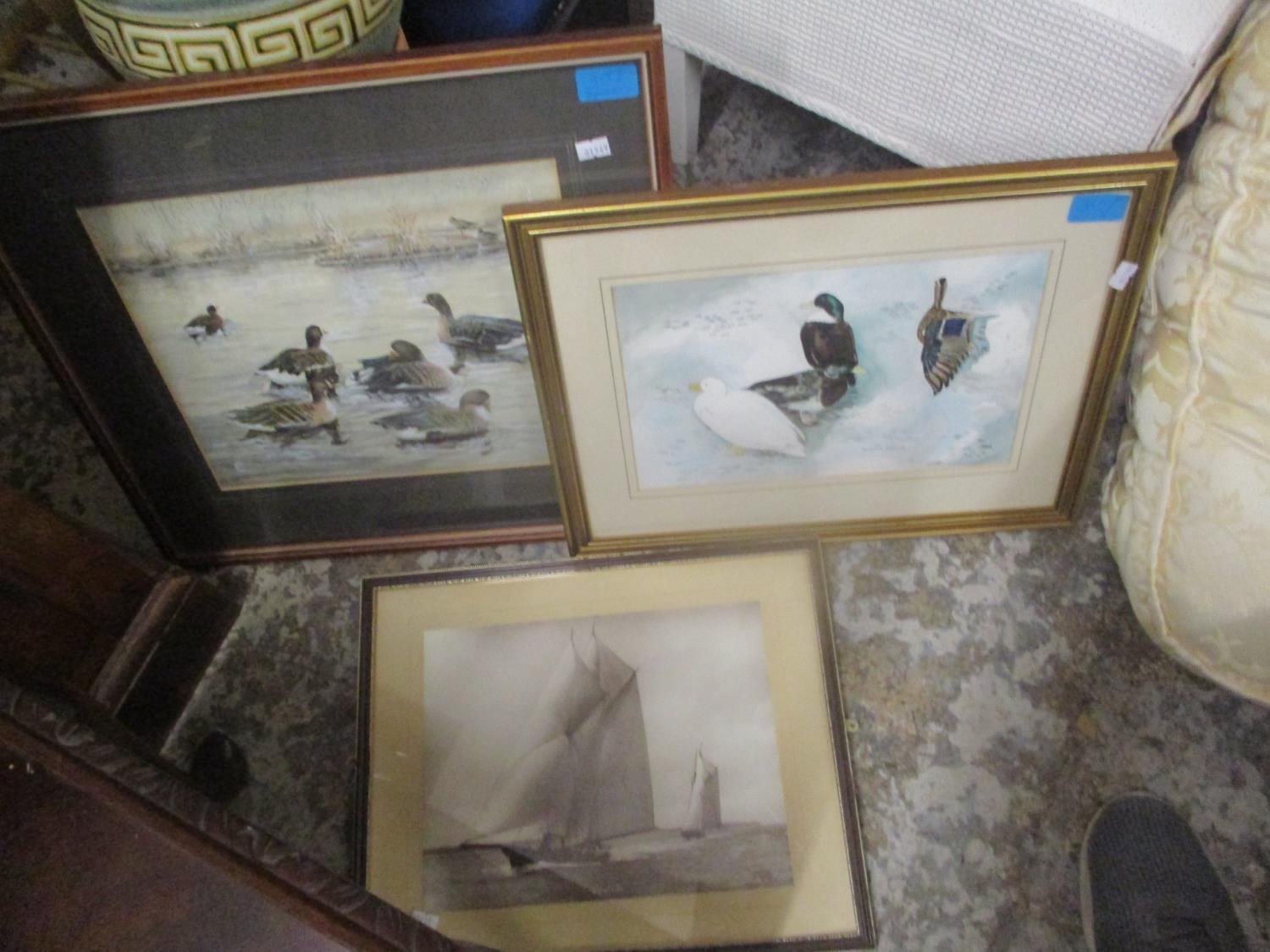 Mixed pictures and mirrors to include a Captain Greenville Collins sea chart of the Isle of Wight,