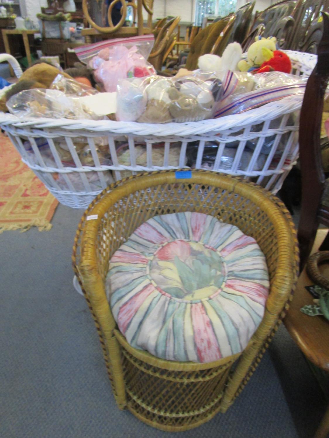 An early 20th century white painted wicker crib basket on wooden stand, a wicker child's peacock - Image 6 of 6