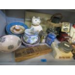 A mixed lot to include pottery, treen cats, vintage torches and metalware