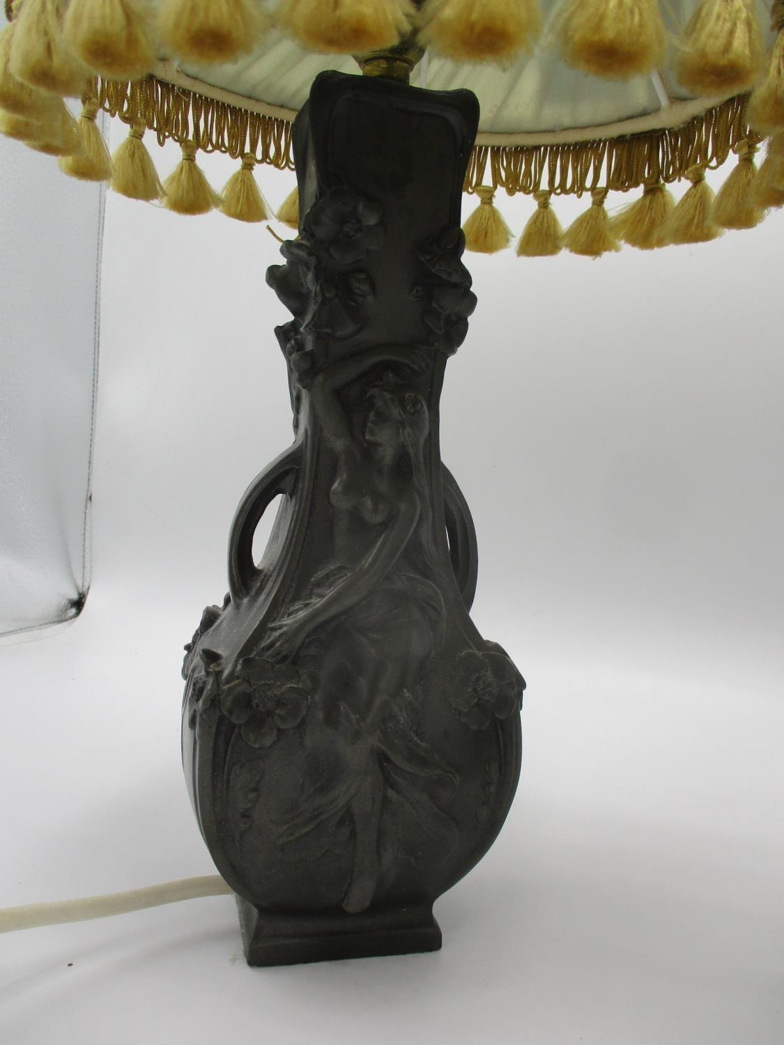 A pair of resin table lamps in the style of Art Nouveau twin handled pewter vases, (lamp shades A/ - Image 3 of 3